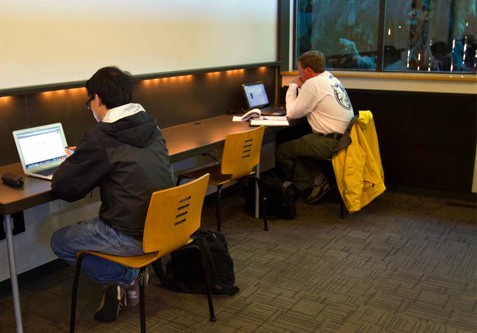 Library patrons using laptops at the Northeast Branch