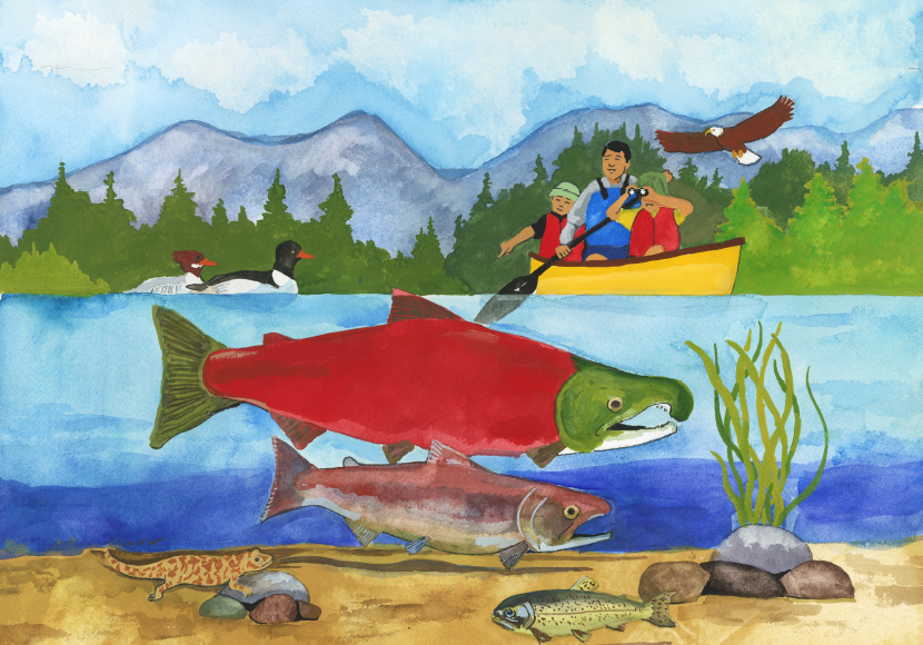 Painting of a family in a canoe on the water and salmon below the water