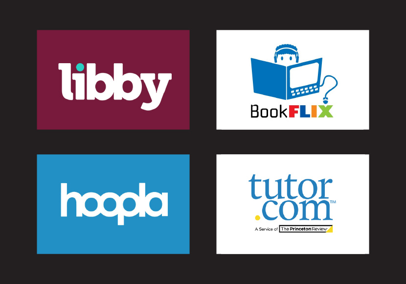 Libby, BookFlix, Hoopla and Virtual Tutoring logos
