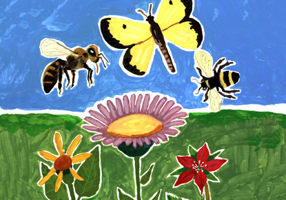 Butterfly, bees and flower