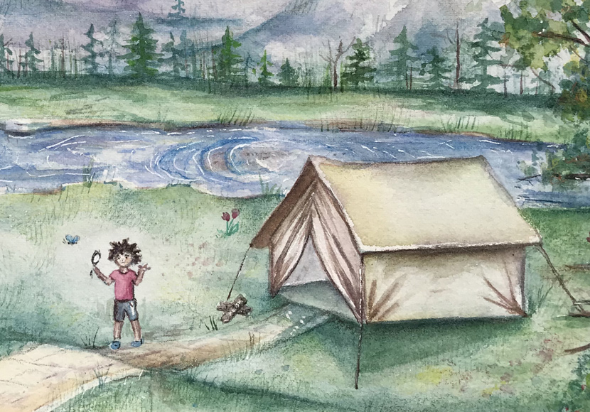 Kids camping near a lake - Artwork by Yessica Marquez