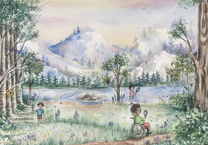 Painting of kids camping near a lake - Artwork by Yessica Marquez