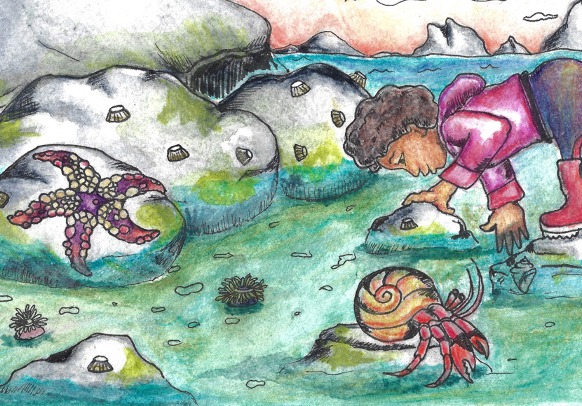 Painting of kids in a tide pool