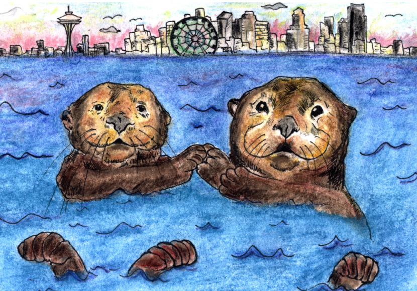 Painting of two beavers in the water