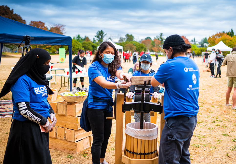 Masked participants using a cider press. BLOOM cider press in Jimi Hendrix Park, 2020. Photo courtesy of Dancing in the Rain. 