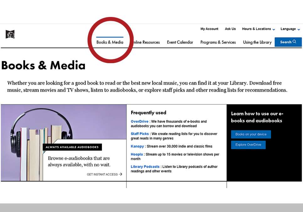 screen shot of the books and media page on spl.org