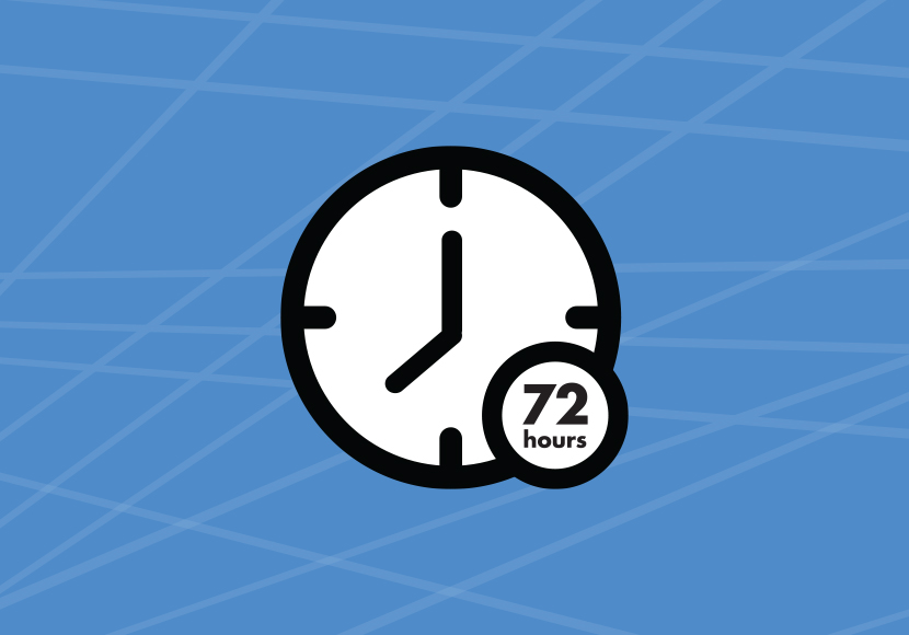 Image of a clock and text reading '72 hours'